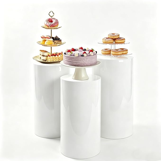 White Cylinder Stands for Party Set of 3 Cylinder Pedestal 3 Sizes(19.68/21.65/23.62Inch) Load Capacity 44-66lbs Pedestal Display for Weddings, Birthday Parties