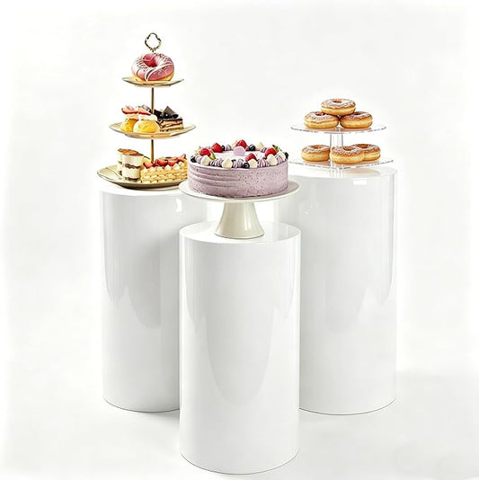 White Cylinder Stands for Party Set of 3 Cylinder Pedestal 3 Sizes(19.68/21.65/23.62Inch) Load Capacity 44-66lbs Pedestal Display for Weddings, Birthday Parties