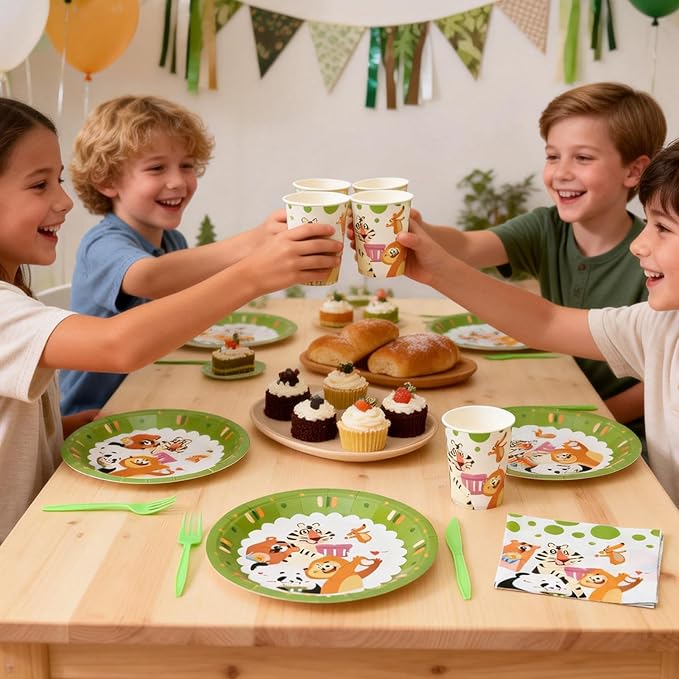 144Pcs Panda Animals Birthday Party Supplies Decorations Animal Themed Paper Plates Napkins Vintage Party Tableware Disposable Dinnerware for Girl Boy Kid Birthday Baby Shower Table Decor, Serve 24