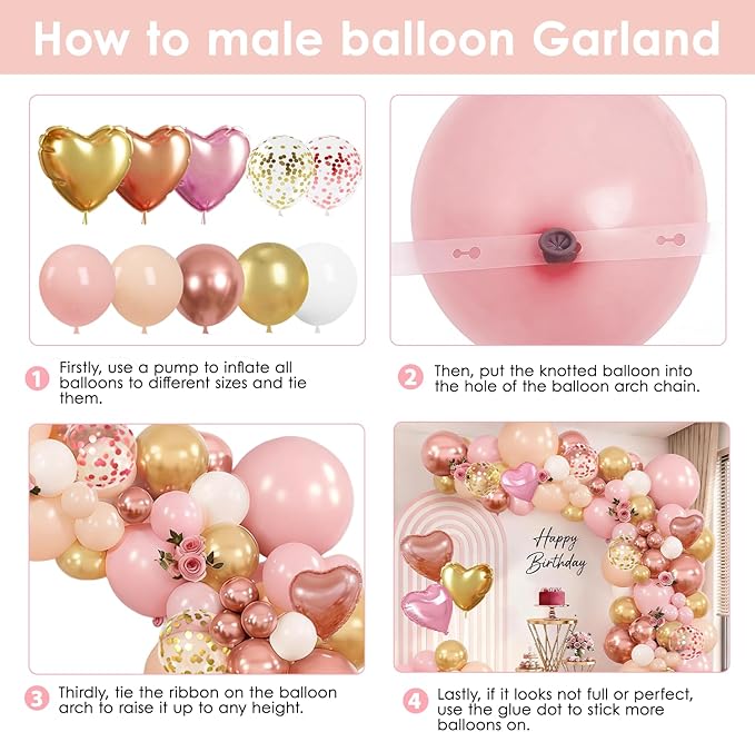 Rose Gold Pink Balloon Arch Kit,Light Pink Nude White Metallic Gold Balloons Garland Rose Gold and Gold Confetti Balloons with Heart Balloon for Wedding Bridal Shower Birthday Party Decorations