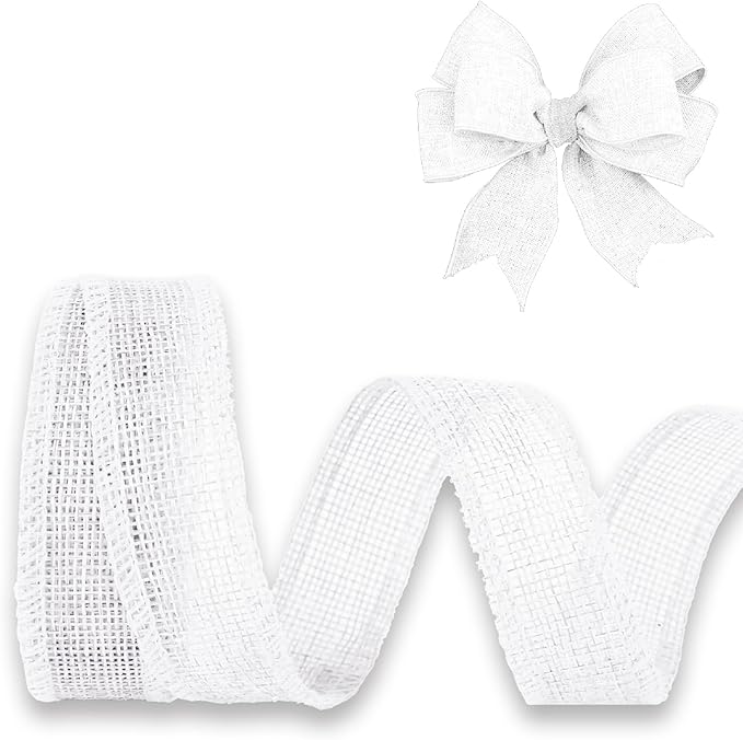 White Burlap Ribbon 1 inch X 10 Yard Natural Burlap Woven Ribbons DIY Handmade Edging Production Wreath Holiday Decoration Gift Ribbon for Gift Wrapping Jute Linen White Ribbons