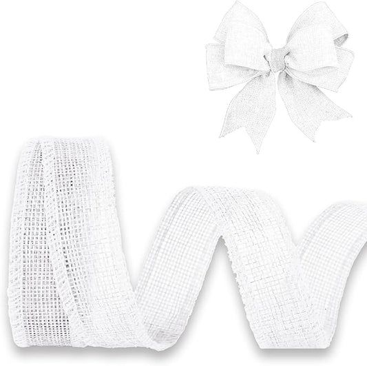 White Burlap Ribbon 1 inch X 10 Yard Natural Burlap Woven Ribbons DIY Handmade Edging Production Wreath Holiday Decoration Gift Ribbon for Gift Wrapping Jute Linen White Ribbons