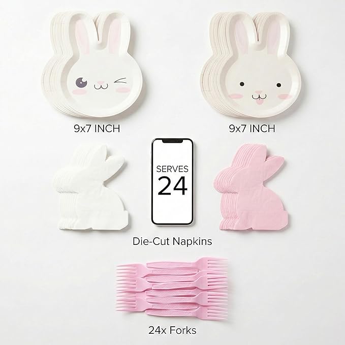 72 Pcs Pink Bunny Party Napkins and Plates Disposable for 24 Guests, Cute 9" Paper Plates, Cocktail Napkins, Forks, Party Supplies for Birthday, Bridal Shower Decorations