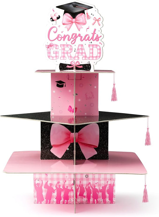 Haooryx Pink Bow Graduation Cupcake Stand - 3 Tier Graduation Hat Tie Cupcake Tower Cardboard Dessert Stand Candy Dount Dessert Holder for College High School Congrats Grad Party Decoration Supplies