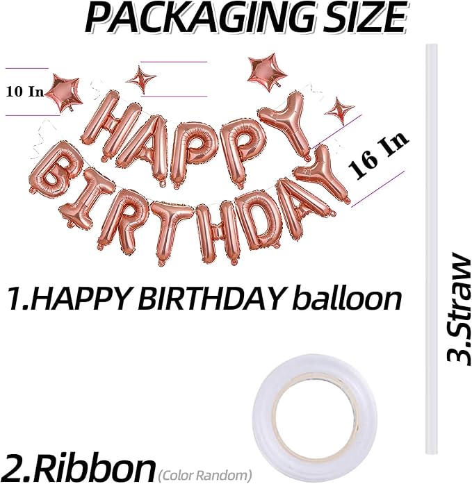 Rose Gold Happy Birthday Banner Balloon Aluminum Foil 16 Inch Letter,10 Inch Five Pointed Star Four Pointed Star Suitable for Kids, Men, Women, Boys and Girls Party Decoration Supplies