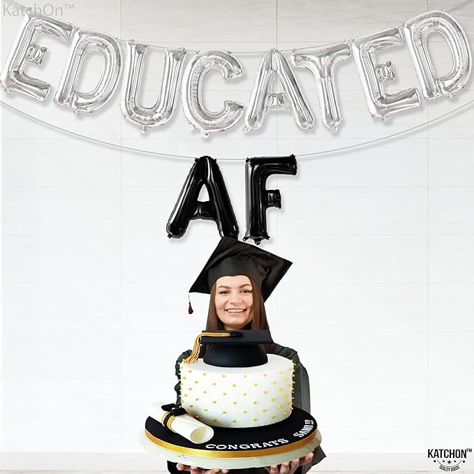 KatchOn, Silver Black Educated AF Balloons Banner - 16 Inch | Educated AF Grad Balloon for 2026 Graduation Decorations | Silver Black Graduations Balloon for Graduation Decorations 2026