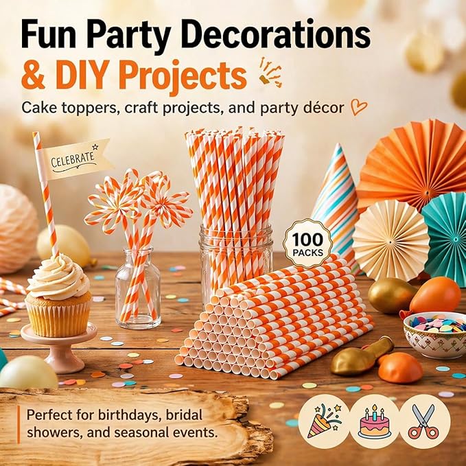 100 Pack Orange and White Striped Paper Straws, 7.75" Disposable Drinking Straws, Paper Party Straws for Halloween, Birthday, Bridal Shower and New Year Supplies