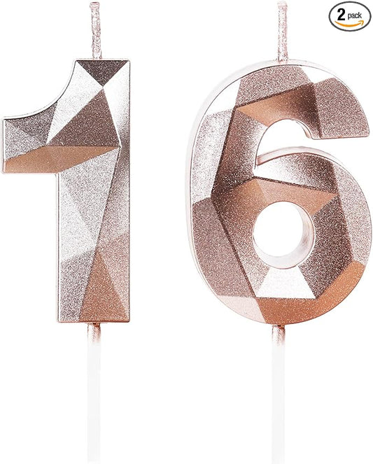 16th Birthday Candles,Number 16 Candles,Rose Gold Happy Birthday Candle for Cake,3D Design Cake Topper Decorations for Boy Girl Women Men Pet Birthday Party Wedding Anniversary Celebration Supplies
