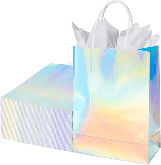 BLEWINDZ 32Pcs Small Paper Gift Bags with Tissues, Iridescent Party Favor Bags with Handles, Holographic Silver Gift Bag for Wedding Baby Shower Birthday Party Supplies