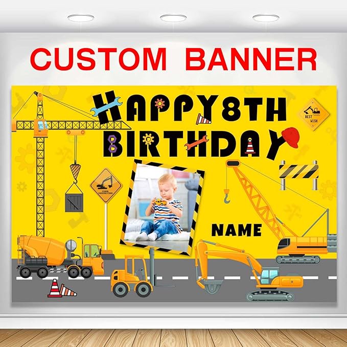 Custom Construction Happy Birthday Party Decorations Supplies Personalized Excavator Crane Dump Truck Digger Birthday Backdrop Banner(4x6ft)