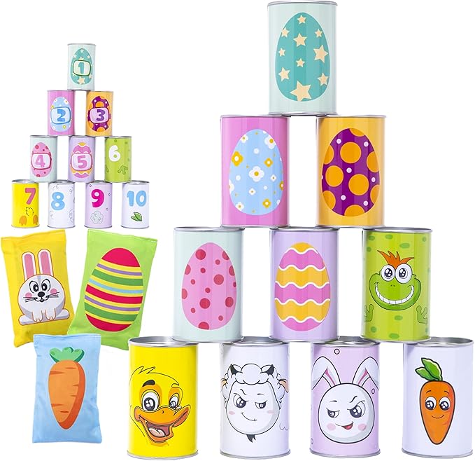 JOYIN 13 Pcs Easter Carnival Knockdown Can Game Set, Bean Bag Toss Game for Kids Adults, Indoor Outdoor Games Supplies, Easter Theme Party Games, Egg Hunt, Family Activities Lawn Yard Game
