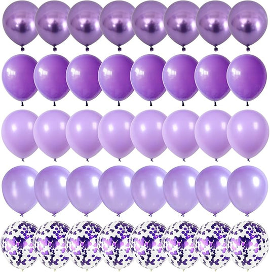 HILAVO Purple Mixed Balloons, 60 PCS 12inch Lavender Balloons Metallic Purple Confetti Latex Balloon for Girls Women Birthday Baby Shower Bridal Shower Wedding Party Decorations