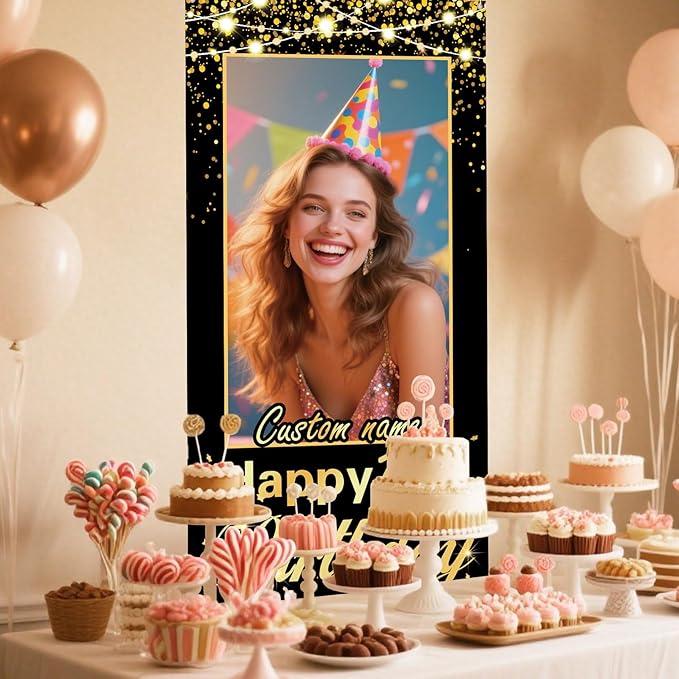 Personalized Happy Birthday Door Banner with Photo Custom Name Birthday Decorations Party Supplies for Women Men (Black and Gold)
