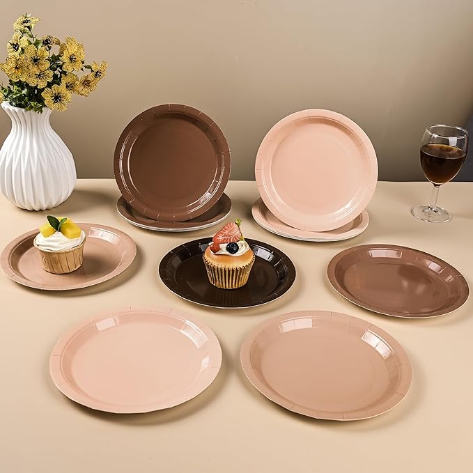 AimFun 48Pcs Brown Paper Plates Gradient Brown Party Plates 4 Colors 7”Disposable Round Dessert Plates for Birthday Holiday Thanksgiving Gathering Party Supplies