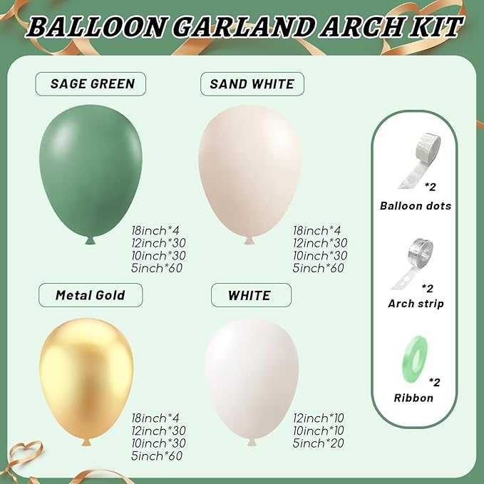 412Pcs Sage Green White Sand Gold Balloons Garland Arch Kit,18 12 10 5 Inch Different Sizes Balloons for Baby Shower Wedding Birthday Gender Reveal Party Decoration