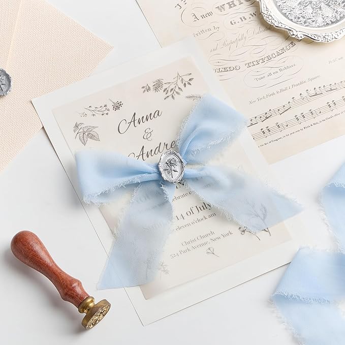 Light Blue Chiffon Ribbon 1.5" x 21 Yd Handmade Fringe Silk Chiffon Fabric Ribbon for Gift Wrapping Wedding Invitation Bridal Flower Bouquet DIY Crafts Home Decor