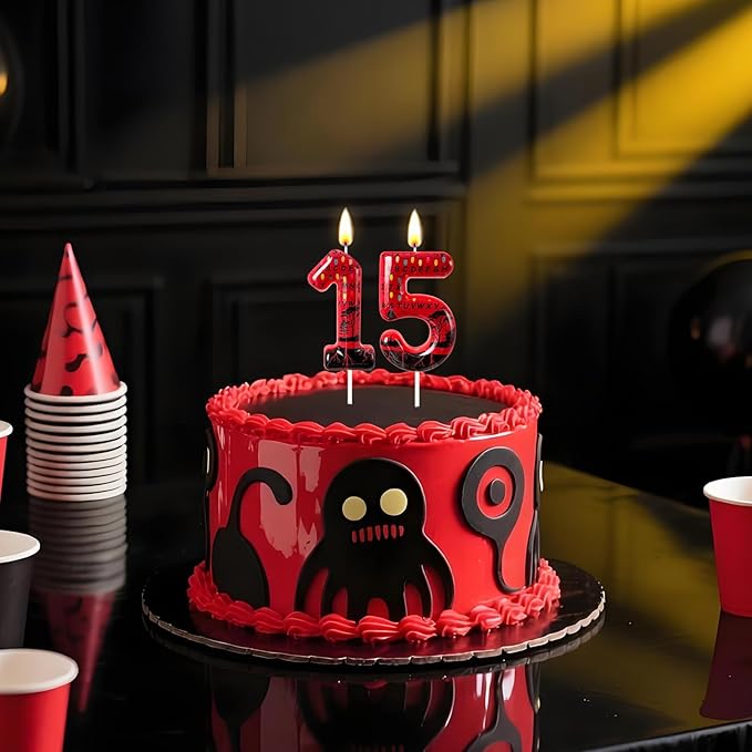 Red Number 15 Birthday Candle for Cake – Dark Horror Style with Alphabet Print & Shadow Design – Unique Cake Topper for Birthday, Anniversary, Themed Party Decoration