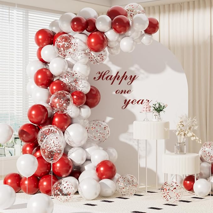 Metallic Shiny Red and White Balloons 12 Inch 67PCS Red White Confetti Balloons Latex Helium Balloon Set for Graduation Wedding Birthday Party Decorations