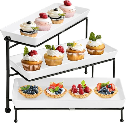 3 Tiered Serving Stand, Foldable Rectangular Food Display Stand with White Platters - Serving Trays, Dessert Display Server for Brithday Party, Valentine's Day and Events