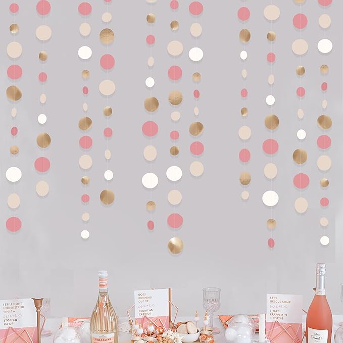 Champagne Gold Dusty Pink Decorations Circle Dots Garland Gold Pink Nude Neutral Cream White Boho Hanging Polka Dot Streamer for Bridal Shower Birthday Wedding Engagement Baby Shower Party Supplies