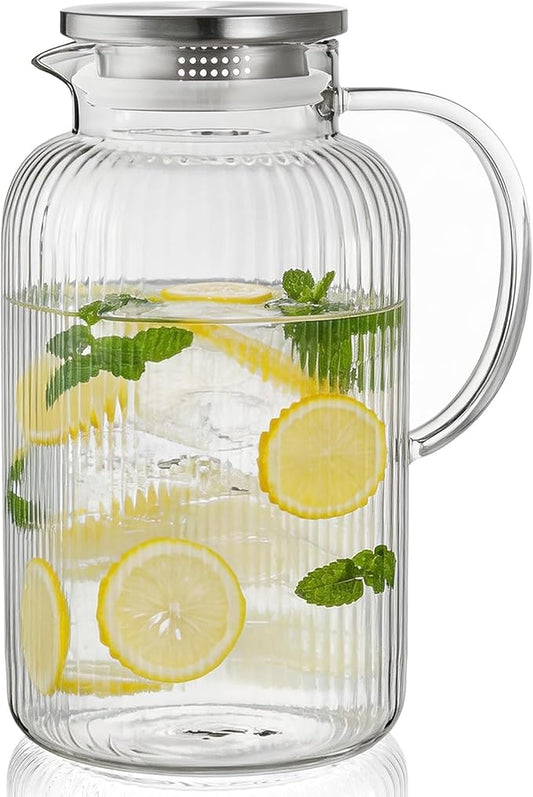 Bivvclaz 1 Gallon Glass Pitcher with Lid and Handle, Stripes Water Pitcher for Fridge, Borosilicate Glass Carafe for Hot/Cold Drink, Extra Large Jug for Iced Tea, Coffee, Juice, Homemade Beverage