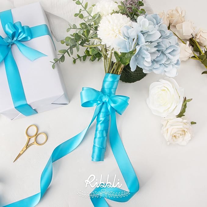 Ribbli Turquoise Blue Double Faced Satin Ribbon,1” x Continuous 25 Yards,Use for Bows Bouquet,Gift Wrapping,Wedding Decoration