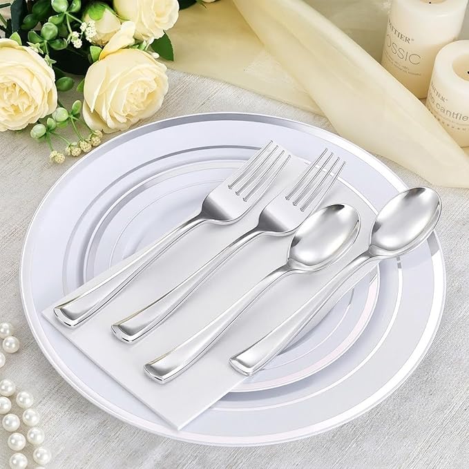 Goodluck 200 PCS Silver Plastic Silverware, Heavy Duty Plastic Cutlery Includes 100 Forks and 100 Spoons, Elegant Disposable Utensils, Durable Flatware for Parties, Weddings Catering and Dinners