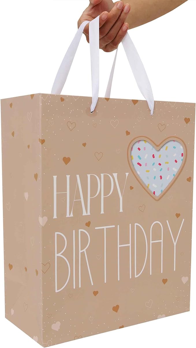 Qirrmiy 13” Large Brown Happy Birthday Gift Bag Set with Handles, Greeting Card, Green Tissue Papers and Stickers for Women Girls Men Boys Kids Teens, Heart Design, 1 Pcs.