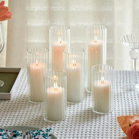 Set of 6 White Pillar Candles with Clear Glass Hurricane Holders- Elegant Cylinder Candle Vases for Weddings, Parties, Centerpieces, Home & Office Decor (White, 6 Set-Vase)