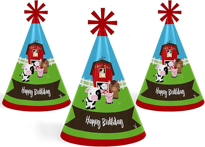 Big Dot of Happiness Farm Animals - Cone Party Hats for Kids and Adults - Set of 8
