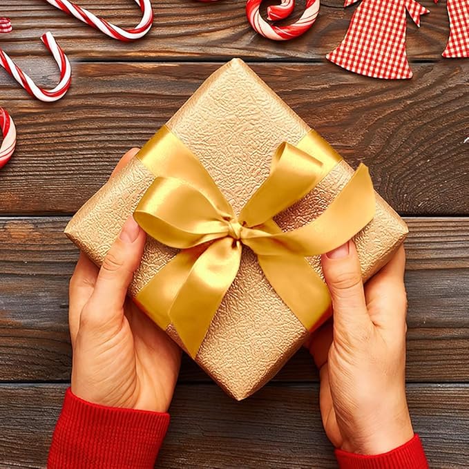 Gold Ribbon Gold Christmas Tree Ribbon, 1 Inch 25 Yds Ribbon for Gift Wrapping Hair Ribbon Gold Satin Ribbon Perfect for Halloween Balloon Ribbon Wedding Party Floral Bouquets Ribbon Candy Sewing