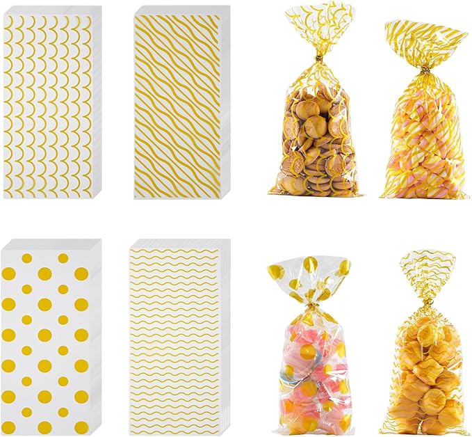 EatnMgan 200Pcs Cellophane Treat Bags,10.8 x 4.9Inch Plastic Candy Bags,Cellophane Bags,Goodie Candy with 220Pcs Twist Ties for Valentine, Birthday, Gift Cookie Snack Packing Party Favor Supplies (Gold)
