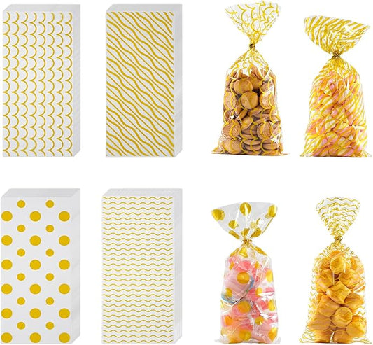 EatnMgan 200Pcs Cellophane Treat Bags,10.8 x 4.9Inch Plastic Candy Bags,Cellophane Bags,Goodie Candy with 220Pcs Twist Ties for Valentine, Birthday, Gift Cookie Snack Packing Party Favor Supplies (Gold)