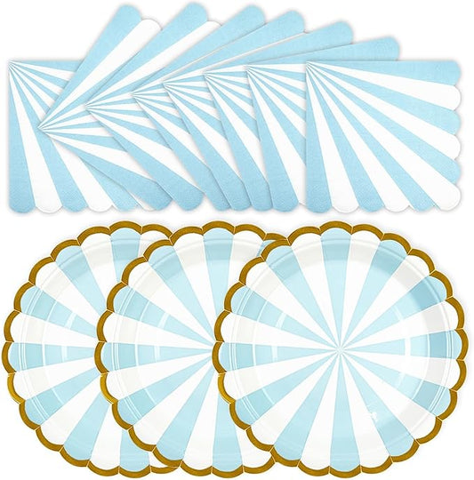 50PCS Blue Striped Paper Plates and Napkins Party Supplies, 7 inch Disposable Gold Foil Scalloped Dessert Plate Party Tableware Set for Birthday Wedding Bachelorette Baby/ Bridal Shower Decorations