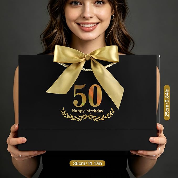 JMANNI Black Gold 50th Birthday Gift Bag with Card and Tissue Paper, 14.2"x9.8"x4.3" Large Present Bag for Men Women, 50 Year Old Birthday Keepsake Party Supplies