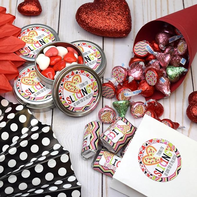 Amanda Creation Cute Heart Shaped Pizza Valentine's Day Birthday Party Sticker Bundle Kit 429 pieces! Includes 2" Circle Stickers for Favors, Mini Candy Bar Wrappers & Round Candy Kiss Stickers