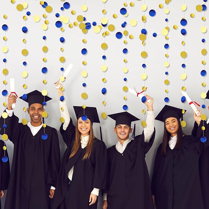 Outus 5 Pieces Blue,Gold Round Dots Garland Graduation Party Hanging Decor Each Length 13.1ft Glitter Paper Dot Streamers for Birthday Wedding Classroom Supplies