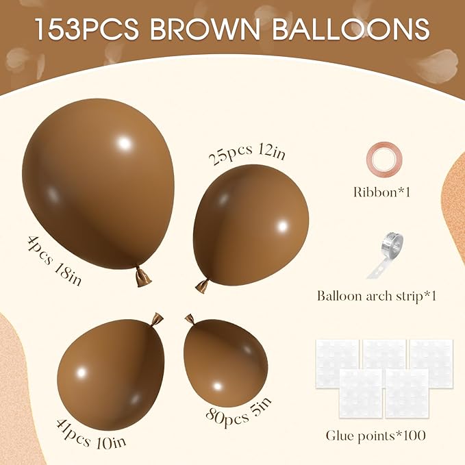 Amandir 153pcs Brown Balloons Arch Garland Kit Different Sizes 18 12 10 5 Inch Boho Neutral Coffee Light Dark Brown Latex Balloon for Birthday Bear Wedding Anniversary Party Decorations