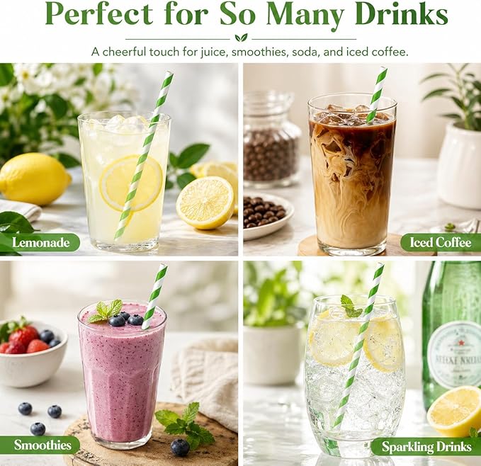 100 Pack Green and White Striped Paper Straws, 7.75 Inch Disposable Drinking Straws for Birthday Party, Baby Shower, St. Patrick’s Day, Garden Party, Wedding, Party Decorations
