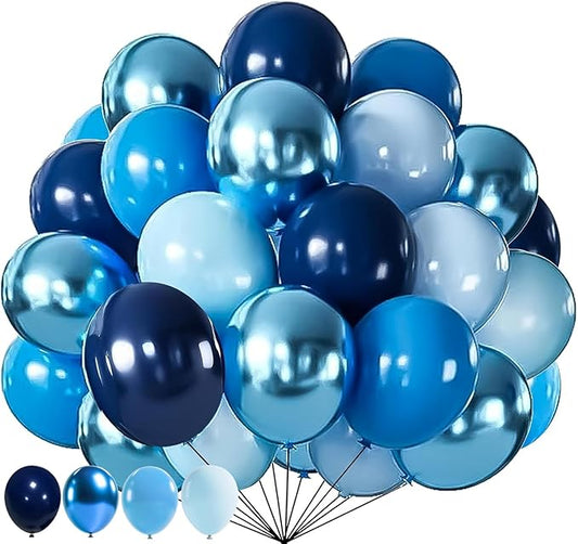 60pcs Blue Balloons, 12 Inch Metallic Blue Pearl Blue Navy Blue Pastel Blue Latex Balloons Kit for Birthday, Baby Shower, Wedding, Graduation Party Decorations