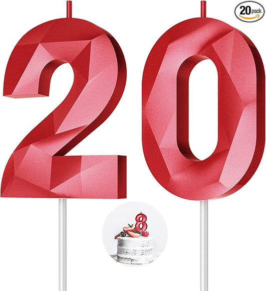 Number Birthday Candles(20 Candle Red) 3D Diamond Shape Number Happy Birthday Cake Candles for Birthday Party Wedding Decoration Reunions Theme Party