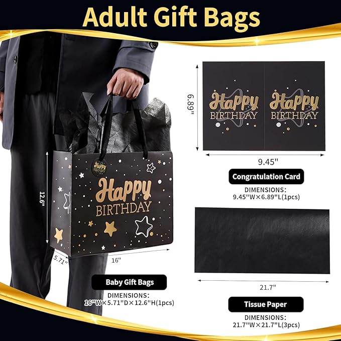 16" Black Happy Birthday Gift Bag with Tissue Paper and Greeting Card for Party,Happy Birthday Gift Bag for Men Women,Gift Bags Extra Large(2 PCS Black Hot Stamping)