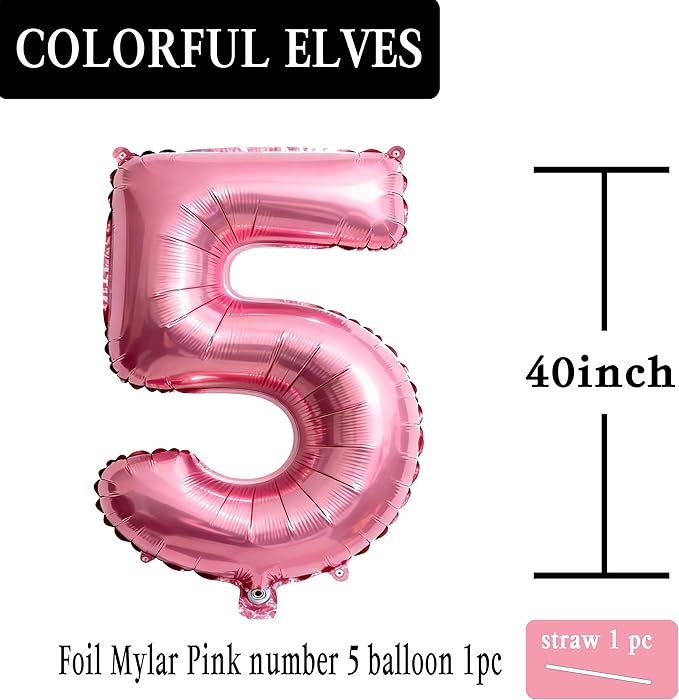 Pink Number 5 Balloons 40 Inch Giant Number Pink 5 Foil Mylar Balloons for 5th Birthday Anniversary Events Party Decorations