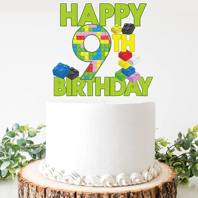 Happy 9th Birthday Building Block Cake Topper - Puzzle Games Boy's 9th Birthday Party Green Cake Topper Supplies - Building Block Party Decoration For Boy