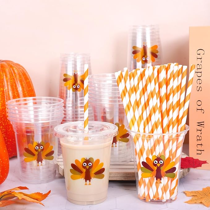 Whaline 50 Pcs 12 Oz Fall Plastic Cups with Lids and Straws Cute Turkey Cold Beverage Drinking Cups for Autumn Thanksgiving Party Supplies