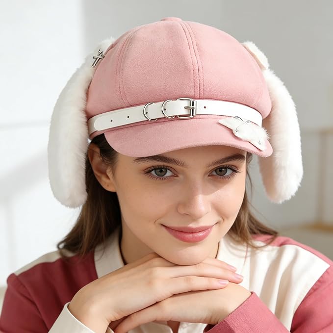 JIAHG Sweet Puppy Ears Beret Hat Cute Bunny Animal Ear Lolita Cabbie Cap Adjustable French Painter Y2K Fashion Beanie Cap