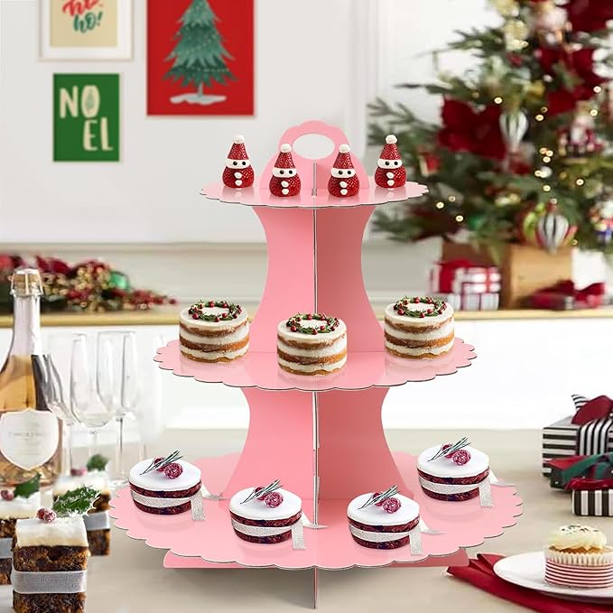 Soleebee 3-Tier Cupcake Stand, Cardboard Cupcake Tower, Dessert Cup Cake Stand Tower for Birthday Wedding Party Decoration, Cupcake Tier Stand 2 Set (Pink)