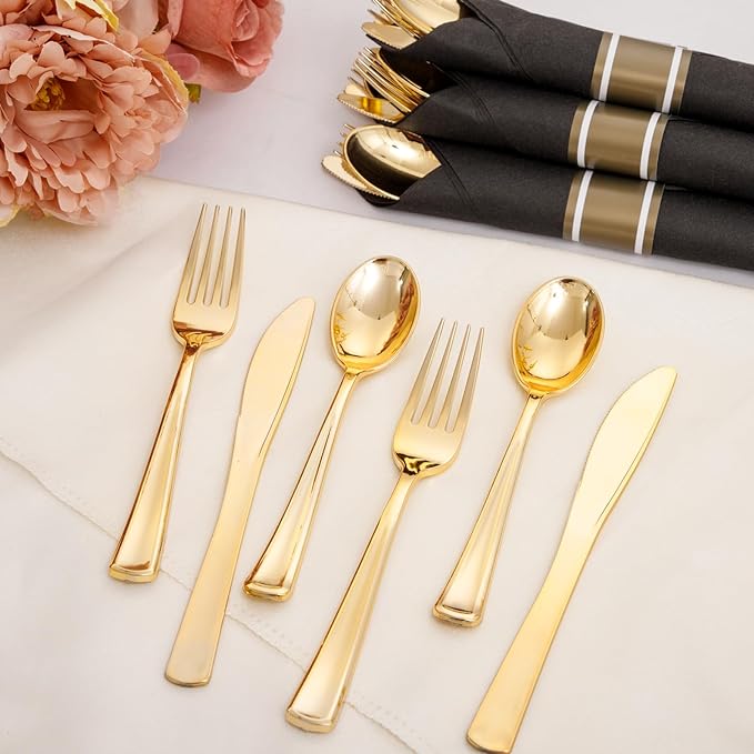 Supernal 60 Pack Pre Rolled Gold Plastic Silverware with Black Napkins - Heavy Duty Pre Wrapped Gold Cutlery Set Disposable - Elegant Plastic Forks, Spoons & Knives for Weddings, Parties, Catering