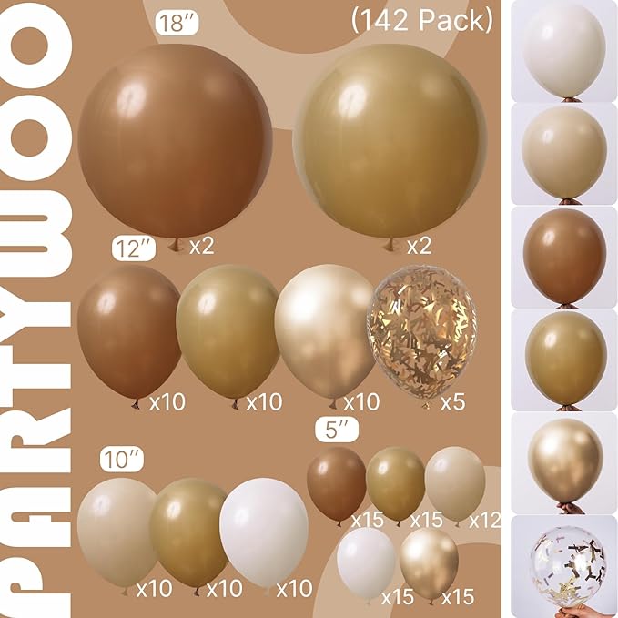 PartyWoo Brown Balloon Arch Kit Garland 142pcs Different Sizes of 18 12 10 5 Inch Dark Brown White Sand Beige Neutral Boho Fall Gold Confetti Balloons for Baby Shower Birthday Safari Party Decorations