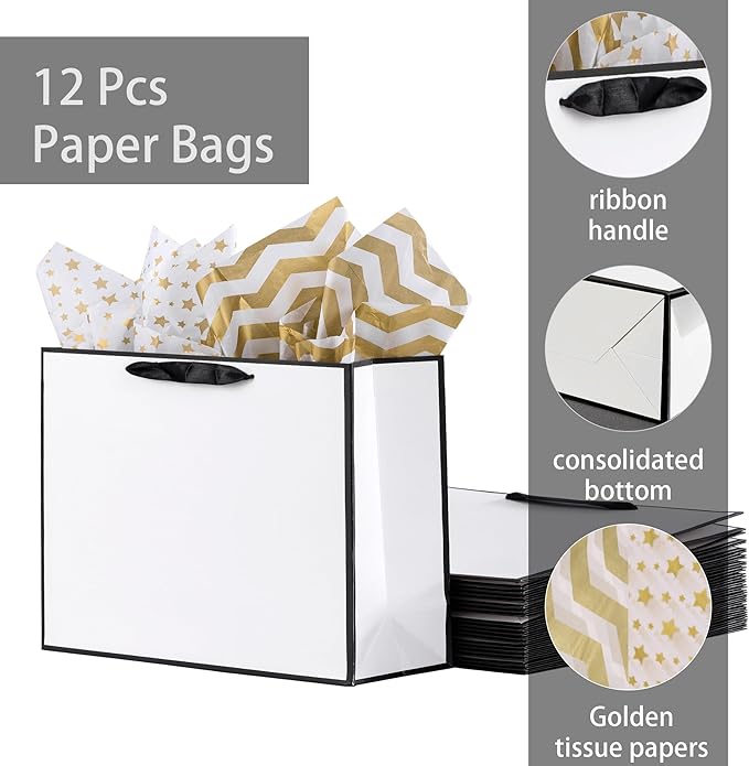 SHIPKEY 12 Pack Extra Large Gift Bags with Tissue Paper, 16x6x12 Inches White Paper Bags with Ribbon Handles, X-Large Gift Bags for Wedding, Christmas and Holidays
